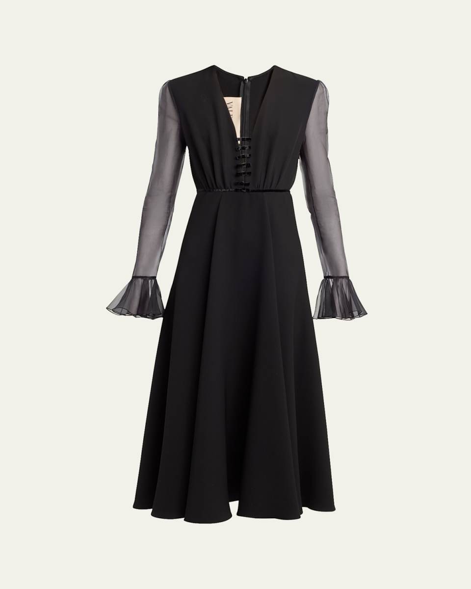 Bow-Embellished Illusion Silk Midi Dress